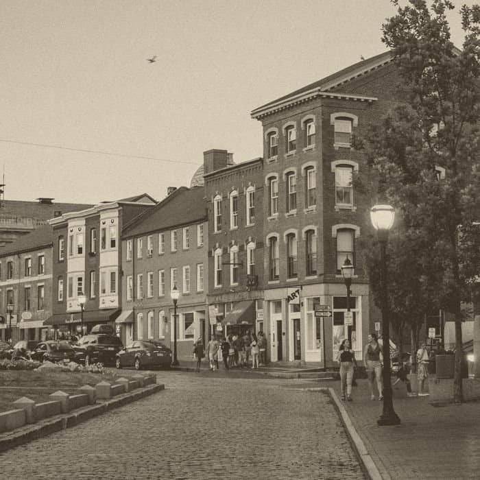 Brick buildings and cobblestone streets in Portland's Old Port