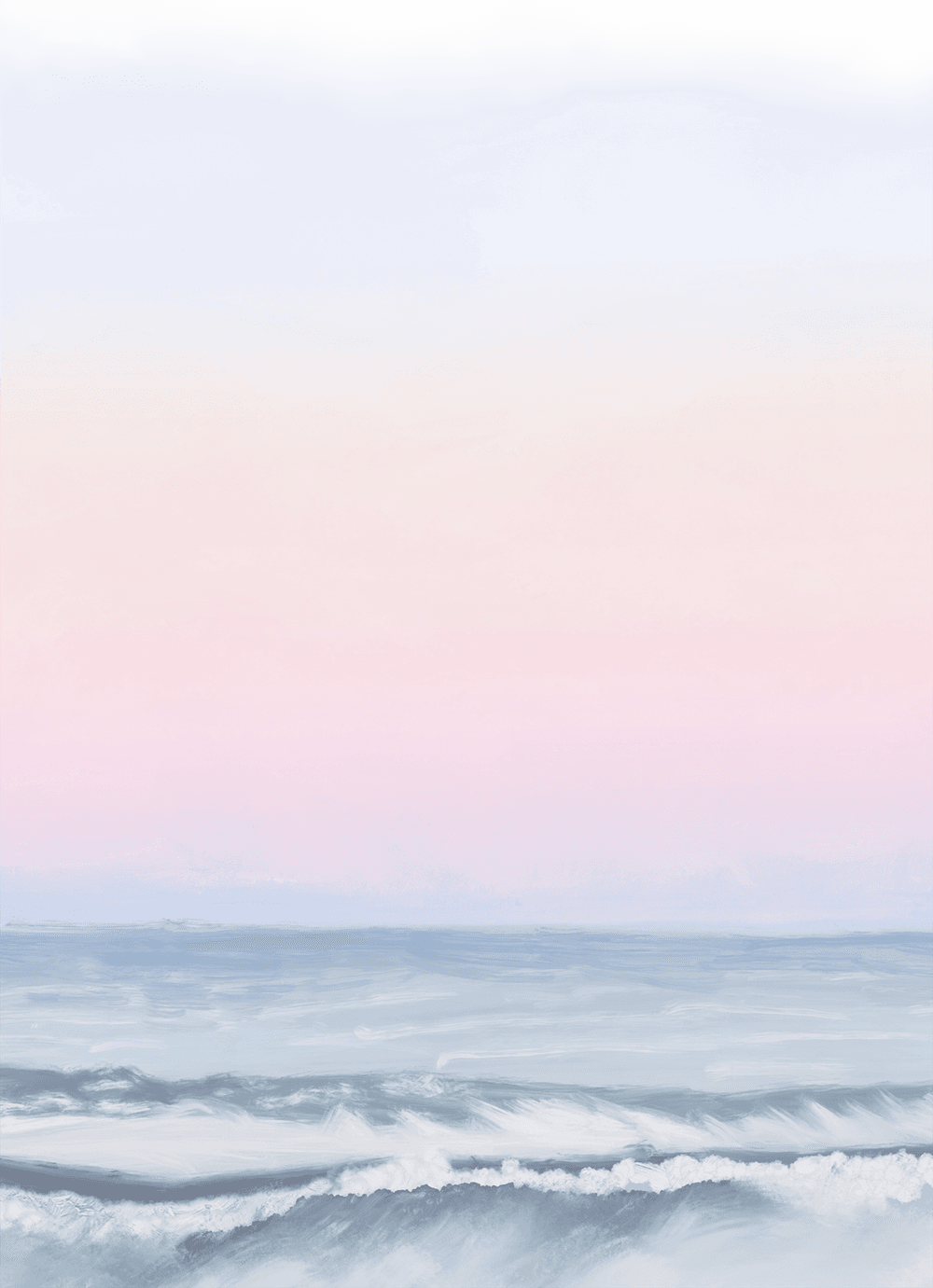 A soft painted seascape with pastel pink sky and rolling waves